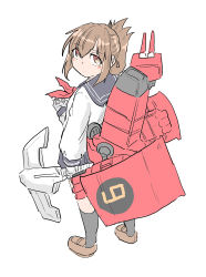 Rule 34 | 1girl, absurdres, black socks, brown eyes, brown footwear, brown hair, folded ponytail, from above, from behind, full body, highres, inazuma (kancolle), kantai collection, kneehighs, loafers, long hair, long sleeves, looking at viewer, machinery, neckerchief, poyo (hellmayuge), red neckerchief, school uniform, serafuku, shirt, shoes, simple background, socks, solo, white background, white shirt