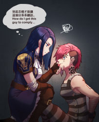 Rule 34 | 2girls, absurdres, arcane: league of legends, arcane caitlyn, arcane vi, arms behind back, asymmetrical hair, bound, bound arms, caitlyn (league of legends), chinese commentary, chinese text, commentary, cuffs, english text, eye contact, facial tattoo, hand on another&#039;s chin, hand on own face, handcuffs, highres, league of legends, long hair, looking at another, mixed-language text, multiple girls, pink hair, prison clothes, short hair, sidecut, skirt, tattoo, thought bubble, undercut, vi (league of legends), wrist wrap, xiao guan, yuri