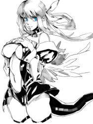 Rule 34 | 1girl, angel wings, arc system works, bare shoulders, belt, black panties, blue eyes, breasts, center opening, choker, dizzy (guilty gear), greyscale, guilty gear, guilty gear x, guilty gear xx, hair between eyes, hair ribbon, hair rings, hand on own chest, hesuke, large breasts, looking at viewer, monochrome, monster girl, navel, panties, ribbon, sidelocks, solo, stomach, tail, thighs, twintails, underboob, underwear, wings