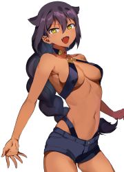 Rule 34 | 1girl, artist request, breasts, dark-skinned female, dark skin, female focus, highres, jahy, jahy-sama wa kujikenai!, looking at viewer, navel, open mouth, shorts, simple background, solo, transparent background, upper body, yellow eyes