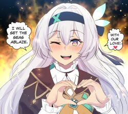 Rule 34 | 1girl, ;d, black hairband, black jacket, blush, commentary, firefly (honkai: star rail), hair intakes, hairband, hands up, heart, heart hands, highres, hinghoi, honkai: star rail, honkai (series), jacket, long hair, long sleeves, looking at viewer, one eye closed, open mouth, purple eyes, smile, solo, speech bubble, upper body, very long hair, white hair