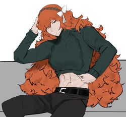 Rule 34 | 1girl, abs, alternate muscle size, belt, black belt, black pants, bow, brown hairband, cropped sweater, green eyes, green sweater, hair bow, hairband, highres, ishmael (project moon), ishmaelfanno13, limbus company, long hair, long sleeves, midriff, orange hair, pants, project moon, rope, solo, sweater, very long hair, white bow