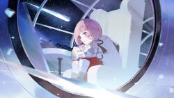 Rule 34 | 1girl, armchair, blue eyes, boots, chair, commentary request, highres, hugging own legs, jacket, kaf (kamitsubaki studio), kamitsubaki studio, knees to chest, multicolored eyes, pantyhose, pink hair, red pantyhose, sitting, sky, solo, space, spacecraft, star (sky), virtual youtuber, yellow pupils, yuribou