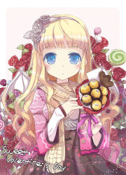 Rule 34 | 1girl, bag, bat wings, blonde hair, blue eyes, blush, candy, casual, chocolate, colored eyelashes, flower, food, hair flower, hair ornament, hairband, heart, jewelry, jin young-in, lollipop, long hair, md5 mismatch, nail polish, necklace, open bag, original, red flower, red rose, ribbon, rose, scarf, solo, valentine, wavy hair, wings