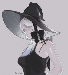 Rule 34 | 1girl, black bow, black dress, black hat, bow, closed mouth, dress, faust (project moon), grey background, hat, highres, limbus company, looking at viewer, patchfire, project moon, short hair, simple background, sleeveless, sleeveless dress, solo, upper body, white hair, witch hat