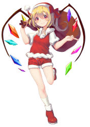 Rule 34 | 1girl, adapted costume, alternate headwear, ankle boots, blonde hair, blush, boots, bow, carrying, closed mouth, crystal, flandre scarlet, full body, fur-trimmed boots, fur trim, hair bow, hat, highres, kneehighs, leg up, looking at viewer, one side up, open fly, over shoulder, panties, panty peek, pink eyes, puffy short sleeves, puffy sleeves, purple panties, red bow, red footwear, red hat, red shorts, sack, santa hat, shiliuyexiaohei, short hair, short shorts, short sleeves, shorts, simple background, smile, socks, solo, standing, standing on one leg, tareme, touhou, unbuttoned, underwear, white background, white socks, wings