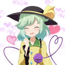 Rule 34 | 1girl, :d, ^ ^, black hat, cato (monocatienus), clenched hand, closed eyes, commentary request, facing viewer, frilled shirt collar, frilled sleeves, frills, green hair, hat, hat ribbon, heart, heart of string, highres, komeiji koishi, long sleeves, medium hair, open mouth, ribbon, shirt, simple background, smile, solo, third eye, touhou, upper body, white background, wide sleeves, yellow ribbon, yellow shirt