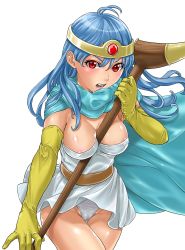 Rule 34 | 1girl, between breasts, blue hair, breasts, cape, chunsoft, circlet, covered erect nipples, dragon quest, dragon quest iii, elbow gloves, enix, gloves, panties, red eyes, sage (dq3), skirt, solo, staff, touzai, tz, underwear
