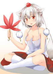 Rule 34 | 1girl, animal ears, bare shoulders, between legs, breasts, camisole, cleavage, collarbone, foreshortening, gradient background, hair between eyes, halterneck, hand between legs, hand fan, hat, holding, holding fan, indian style, inubashiri momiji, kneehighs, leaf, looking at viewer, maple leaf, medium breasts, no shoes, pom pom (clothes), raised eyebrows, red eyes, red skirt, rururiaru, shadow, shiny skin, short hair, silver hair, sitting, skirt, smile, socks, solo, sweat, tail, tokin hat, tongue, touhou, white background, white camisole, white socks, wolf ears, wolf tail