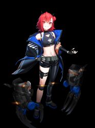 Rule 34 | 1girl, armpits, asymmetrical clothes, bare shoulders, belt, black gloves, black jacket, black pants, black shirt, boots, bright pupils, claw (weapon), cleavage cutout, closers, clothing cutout, crop top, fingerless gloves, gloves, grin, hair bun, hand on own hip, highres, horns, jacket, knee pads, long sleeves, looking at viewer, midriff, navel, off shoulder, official art, open clothes, open jacket, pants, red eyes, red hair, seth (closers), shirt, short hair, single pantsleg, sleeveless, sleeveless shirt, smile, solo, stomach, strap, thigh strap, weapon, wide sleeves
