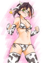 Rule 34 | akimoto dai, animal ears, animal print, bikini, black hair, blue-framed eyewear, breasts, cameltoe, cleavage, cleft of venus, commentary request, cow ears, cow horns, cow print, cow print bikini, cow tail, cowboy shot, dated, ear tag, elbow gloves, fake animal ears, fake horns, fingerless gloves, glasses, gloves, green eyes, highres, horns, kantai collection, medium breasts, multicolored hair, okinami (kancolle), one-hour drawing challenge, pink hair, print bikini, short hair, side-tie bikini bottom, solo, standing, swimsuit, tail, thighhighs, twitter username, white background, white bikini, white gloves, white thighhighs