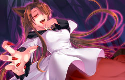 Rule 34 | 1girl, animal ears, arm up, bare shoulders, blush, branch, breasts, brown hair, commentary request, dress, fang, fangs, fingernails, forest, hair between eyes, hair over one eye, hands up, imaizumi kagerou, long fingernails, long hair, long sleeves, looking at viewer, medium breasts, nail polish, nature, nnyara, off-shoulder dress, off shoulder, open mouth, purple background, purple theme, red dress, red eyes, red nails, saliva, shaded face, smile, solo, standing, tongue, tongue out, touhou, tree, white dress, wide sleeves, wolf ears