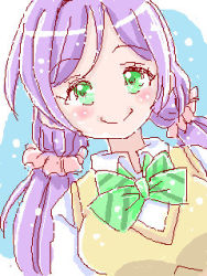 Rule 34 | 1girl, aqua eyes, artist name, artist request, blush, bow, bowtie, breasts, collared shirt, female focus, green bow, green bowtie, green eyes, hair ornament, hair scrunchie, half-closed eyes, long hair, long twintails, looking at viewer, love live!, love live! school idol project, low twintails, lowres, otonokizaka school uniform, parted lips, purple hair, school uniform, scrunchie, shirt, short sleeves, small breasts, smile, solo, striped bow, striped bowtie, striped clothes, sweater, sweater vest, tojo nozomi, twintails, upper body, vest, white shirt, yellow vest