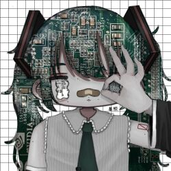 Rule 34 | 1girl, :3, alternate eye color, bags under eyes, bandaid, bandaid on face, bandaid on nose, barbell piercing, black sleeves, circuit board, collared shirt, commentary, detached sleeves, ear piercing, green necktie, grey shirt, grid background, hand up, hatsune miku, heterochromia, highres, imo (imoknol), industrial piercing, long hair, looking at viewer, messy hair, mole, mole under eye, mole under mouth, motherboard, necktie, nvidia, ok sign, ok sign over eye, pale skin, patterned eyes, patterned hair, piercing, ribbed shirt, shirt, shoulder tattoo, sleeveless, sleeveless shirt, solo, spiked ear piercing, straight-on, symbol-only commentary, tattoo, twintails, upper body, vocaloid, wavy eyes