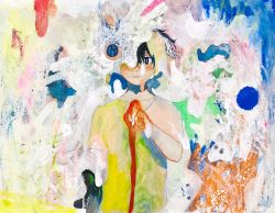 Rule 34 | 1boy, abstract, black eyes, black hair, blush, expressionless, highres, male focus, one eye covered, original, ruu wan mm, shorts, solo, traditional media, upper body