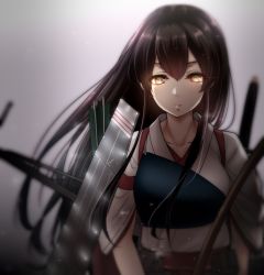 Rule 34 | 1girl, akagi (kancolle), brown eyes, brown hair, commentary request, flight deck, glowing, glowing eyes, hakama, highres, japanese clothes, kantai collection, long hair, looking at viewer, muneate, nuka (nvkka), quiver, red hakama, solo, straight hair, tasuki, upper body, yellow eyes