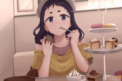 1girl cake cake_slice commentary cup dessert eating english_commentary food gueya hand_up hat highres holding holding_spoon indoors long_hair looking_at_viewer macaron selection_project shirt sitting spoon tiered_tray whipped_cream white_hat yagi_nodoka yellow_shirt