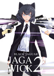 Rule 34 | 1girl, absurdres, aiming, animal ears, arms at sides, artist name, belt, black jacket, black jaguar (kemono friends), black neckwear, black pants, blue eyes, cat girl, character name, clenched teeth, collared shirt, contemporary, finger on trigger, floating hair, formal, gloves, gun, hair between eyes, handgun, highres, holding, holding gun, holding weapon, jacket, jaguar ears, jaguar girl, jaguar tail, john wick, kemono friends, logo parody, long sleeves, looking at viewer, medium hair, multicolored hair, necktie, open clothes, open jacket, pant suit, pants, parody, raku tuu, serious, shirt, solo focus, suit, suit jacket, tail, teeth, title parody, two-tone hair, v-shaped eyebrows, weapon, white shirt, wing collar