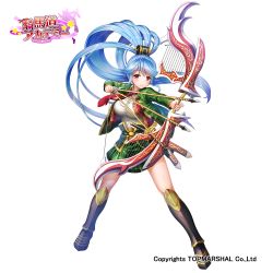 Rule 34 | 1girl, armor, armored boots, arrow (projectile), blue hair, boots, bow (weapon), breasts, drawing bow, full body, holding, holding bow (weapon), holding weapon, large breasts, legend girls kibadou academy, long hair, looking at viewer, nakaishow, necktie, ponytail, red eyes, simple background, smile, solo, standing, very long hair, watermark, weapon