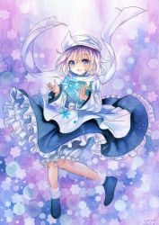 Rule 34 | 1girl, apron, blue dress, dress, hat, juliet sleeves, letty whiterock, long sleeves, mosho, open mouth, painting (medium), puffy sleeves, purple eyes, purple hair, scarf, shirt, smile, solo, touhou, traditional media, waist apron, watercolor (medium), white scarf