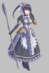 Rule 34 | 1girl, armor, armored dress, black dress, black footwear, black gloves, black hair, blue eyes, blunt bangs, bow, breasts, breasts apart, dress, elbow gloves, faulds, frilled dress, frills, full body, gloves, grey background, hair bow, high heels, highres, holding, holding polearm, holding weapon, long dress, long hair, looking at viewer, maid headdress, medium breasts, narberal gamma, overlord (maruyama), polearm, ponytail, sidelocks, simple background, solo, standing, weapon, white bow, white neckwear, yoruusagi
