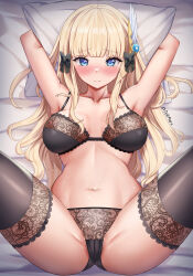 Rule 34 | 1girl, absurdres, arms up, black bow, black bra, blonde hair, blue eyes, blush, bow, bra, breasts, cameltoe, collarbone, dokimaru, hair bow, hair ornament, highres, lace, lace-trimmed bra, lace-trimmed panties, lace trim, large breasts, lingerie, long hair, looking at viewer, lying, navel, on back, panties, princess connect!, saren (princess connect!), solo, spread legs, thighhighs, thighs, underwear, underwear only