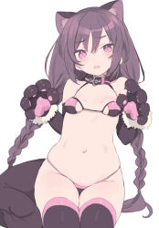 Rule 34 | 1girl, animal ears, animal hands, belt collar, bikini, blade (galaxist), blush, braid, breasts, brown hair, cat ears, claw pose, collar, copyright request, embarrassed, fang, gloves, head tilt, highres, legs together, long hair, looking at viewer, navel, open mouth, paw gloves, petite, pink eyes, simple background, sitting, skin fang, skindentation, small breasts, solo, swimsuit, tail, twin braids, very long hair, white background