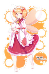 Rule 34 | 1girl, :o, alternate breast size, barefoot, blush, bow, breast hold, breasts, dress, covered erect nipples, fairy wings, furim, hair bow, headdress, highres, large breasts, layered dress, long skirt, looking at viewer, aged up, orange hair, pink eyes, grabbing own breast, short hair, skirt, solo, standing, sun print, sunny milk, tiptoes, touhou, twintails, wide sleeves, wings