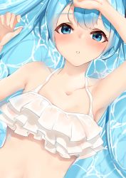 Rule 34 | 1girl, absurdly long hair, absurdres, anniversary, aqua eyes, aqua hair, arm up, armpits, artist name, artist request, bikini, bikini top only, blue eyes, blue hair, blush, breasts, collarbone, commentary, female focus, from above, hair between eyes, hatsune miku, highres, long hair, looking at viewer, lying, neko no suke (nekoneco118), on back, parted lips, small breasts, solo, swimsuit, twintails, upper body, very long hair, vocaloid, water surface, white bikini