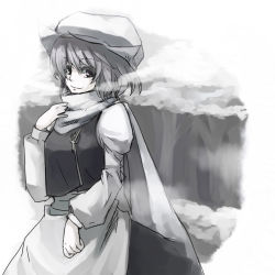 Rule 34 | 1girl, female focus, forest, greyscale, hat, letty whiterock, monochrome, murai shinobu, nature, outdoors, plant, scarf, skirt, solo, touhou, white background
