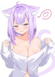 Rule 34 | 1girl, ahoge, animal ear fluff, animal ears, blush, breasts, cat ears, cat girl, cat tail, cleavage, earl grey no chaba, heart, highres, hololive, large breasts, looking at viewer, medium hair, nekomata okayu, nekomata okayu (oversized shirt), official alternate costume, open mouth, purple eyes, purple hair, shirt, smile, solo, spoken heart, tail, virtual youtuber, white background, white shirt