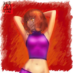 Rule 34 | 1girl, armpits, arms behind head, breasts, brown hair, buruma, closed mouth, contrapposto, dated, hands up, highres, ikeda (cpt), looking to the side, medium breasts, midriff, navel, orange eyes, original, red background, short hair, smile, solo, sports bra, standing
