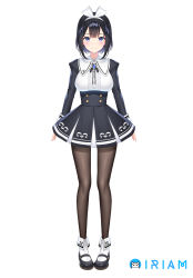 Rule 34 | 1girl, black hair, black pantyhose, blue eyes, blush, bow, bowtie, breasts, buttons, closed mouth, commentary request, copyright name, detached sleeves, dress, full body, hair bow, hairband, highres, iriam, large breasts, logo, long sleeves, looking at viewer, nakamine lily, pantyhose, re:shimashima, shiny clothes, shoes, short dress, short hair, simple background, smile, solo, standing, virtual youtuber, white background