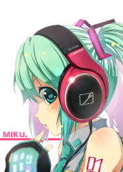 Rule 34 | 1girl, bare shoulders, detached sleeves, green eyes, green hair, hatsune miku, headphones, heart, heart-shaped pupils, kouji (campus life), matching hair/eyes, necktie, pointing, pointing at self, sennheiser, solo, symbol-shaped pupils, tattoo, twintails, vocaloid
