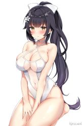 Rule 34 | 1girl, artist name, azur lane, black hair, blush, bow, breasts, closed mouth, criss-cross halter, flower, hair flaps, hair flower, hair ornament, halterneck, hands on thighs, highleg, highleg swimsuit, highres, kaetzchen, large breasts, long hair, looking at viewer, navel, one-piece swimsuit, ponytail, seiza, simple background, sitting, solo, swimsuit, takao (azur lane), takao (beach rhapsody) (azur lane), white background, white bow, white one-piece swimsuit, yellow eyes