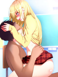 Rule 34 | 1boy, 1girl, blonde hair, blue eyes, blush, bottomless, breasts, breasts out, chair, chalkboard, classroom, clothes lift, earrings, eyebrows, girl on top, hand on head, hetero, highres, huge breasts, indoors, jewelry, legs, long hair, long sleeves, looking at another, nabesekizaiten, nipples, no bra, no panties, open mouth, original, school, school uniform, sex, shiny skin, shirt lift, sideboob, sitting, sitting on person, skirt, sweat, thighs, vaginal