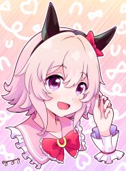 Rule 34 | 1girl, absurdres, animal ears, blush, bow, bowtie, cropped shoulders, curren chan (umamusume), disembodied hand, ear bow, frilled shirt collar, frills, goom (goomyparty), grey hair, hairband, highres, horse ears, jewelry, multicolored nails, multiple rings, open mouth, purple eyes, red bow, red bowtie, ring, short hair, smile, solo, twitter username, umamusume, wrist cuffs, yume kawaii