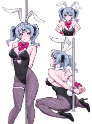 Rule 34 | 1girl, animal ears, bare back, black bow, black footwear, black leotard, black pantyhose, blue hair, bow, bowtie, breasts, card, cuffs, detached collar, fake animal ears, fake tail, fishnet pantyhose, fishnets, garter belt, hair bow, hair ornament, handcuffs, hands on own hips, hatsune miku, high heels, highres, leotard, looking at viewer, multiple views, necktie, nishikino kee, nontraditional playboy bunny, pantyhose, playboy bunny, playing card, pole, rabbit ears, rabbit hair ornament, rabbit hole (vocaloid), rabbit tail, red bow, red bowtie, red necktie, short necktie, simple background, sitting, standing, tail, teardrop facial mark, teeth, twintails, vocaloid, wariza, white background, x hair ornament