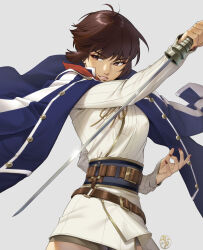 Rule 34 | 1girl, belt, blunt bangs, brown eyes, brown hair, coat, highres, holding, holding sword, holding weapon, irene koh, isabeau (megami tensei), nail polish, red eyes, shin megami tensei, shin megami tensei iv, short hair, shorts, simple background, smile, solo, sword, weapon