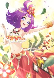 Rule 34 | 1girl, :d, acerola (pokemon), acerola (sygna suit) (pokemon), blue eyes, bracelet, commentary request, creatures (company), cropped shirt, day, falling leaves, flipped hair, flower, game freak, hair flower, hair ornament, highres, jewelry, leaf, looking at viewer, medium hair, midriff, navel, necklace, nintendo, official alternate costume, open mouth, outdoors, outstretched arm, pokemon, pokemon masters ex, purple hair, red flower, red skirt, shirt, skirt, sleeveless, sleeveless shirt, smile, solo, ssn (sasa8u9r), topknot