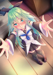 Rule 34 | 10s, belt collar, blush, book, breasts, collar, detached sleeves, from above, green eyes, green hair, hair between eyes, highres, kantai collection, kurofude anna, loafers, looking at viewer, medium breasts, outstretched arms, pigeon-toed, reaching, reaching towards viewer, shoes, tearing up, thighhighs, thighs, wide sleeves, wooden floor, yamakaze (kancolle)