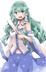 Rule 34 | blue skirt, breasts, collarbone, detached sleeves, frog, frog hair ornament, gohei, green hair, hair ornament, hair tubes, highres, japanese clothes, kochiya sanae, large breasts, long hair, miko, mukuroi, navel, nontraditional miko, one-hour drawing challenge, open mouth, simple background, skirt, sleeves past wrists, smile, snake, snake hair ornament, touhou, white background, wide sleeves