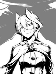 Rule 34 | 1girl, cape, dream demon, greyscale, hair between eyes, jacket, looking to the side, made in abyss, monochrome, ozen, parted lips, short hair, smile, solo, upper body, whistle