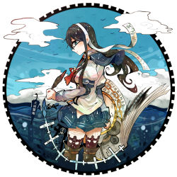 Rule 34 | 10s, 1girl, black-framed eyewear, black hair, blue eyes, blue skirt, from behind, glasses, hairband, hakama, hakama short skirt, hakama skirt, highres, itomugi-kun, japanese clothes, kantai collection, long hair, long sleeves, looking at viewer, neckerchief, necktie, ooyodo (kancolle), outside border, pleated skirt, quill, ribbon-trimmed legwear, ribbon trim, round image, sailor collar, school uniform, serafuku, skirt, solo, thighhighs, translation request