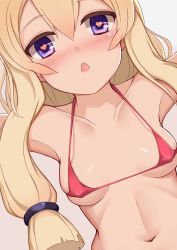 Rule 34 | 1girl, :o, absurdres, armpits, azur lane, bare shoulders, bikini, blonde hair, blush, breasts, collarbone, commentary request, covered erect nipples, ero mang-a, grey background, hair between eyes, hair ribbon, heart, heart-shaped pupils, highres, long hair, looking at viewer, micro bikini, midriff, navel, nose blush, open mouth, outstretched arms, purple eyes, red bikini, ribbon, saliva, sidelocks, small breasts, solo, swimsuit, symbol-shaped pupils, tress ribbon, upper body, warspite (azur lane)