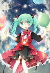 Rule 34 | 1girl, absurdres, balloon, beamed quavers, crotchet rest, dress, green eyes, green hair, hatsune miku, highres, kimey, long hair, matching hair/eyes, musical note, nail polish, open mouth, quaver, solo, staff (music), star (symbol), twintails, vocaloid