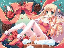 Rule 34 | 1girl, :o, akebi yusa, bell, blonde hair, blush, boots, breasts, canvas 3, chimney, choker, christmas, christmas wreath, cleavage, dress, flower, fur trim, garter straps, green eyes, hair ribbon, highres, inugahora an, lace, lace-trimmed legwear, lace trim, long hair, looking at viewer, medium breasts, neck bell, panties, pantyshot, red flower, red footwear, red ribbon, red rose, ribbon, ribbon choker, rose, sack, santa costume, short dress, sitting, snow, solo, strapless, strapless dress, thighhighs, twintails, two side up, underwear, white panties, white thighhighs, wreath