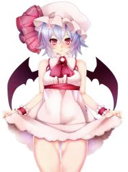 Rule 34 | 1girl, adapted costume, ascot, bad id, bad twitter id, bat wings, blush, brooch, clothes lift, dress, dress lift, hat, hat ribbon, highres, jewelry, jpeg artifacts, light purple hair, open mouth, red eyes, remilia scarlet, ribbon, short hair, simple background, solo, touhou, white background, wings, wrist cuffs, yutazou