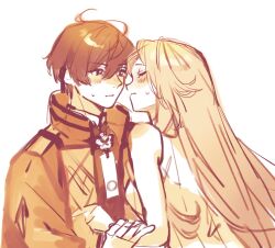 Rule 34 | 1boy, 1girl, akaza (olympia soiree), blush, closed eyes, closed mouth, dress, facing another, hetero, jacket, leaning in, long hair, long sleeves, looking at viewer, olympia (olympia soiree), olympia soiree, orenjisiro, sketch, sleeveless, white background