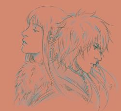 2boys androgynous canute closed_eyes eyelashes fur fur_collar fur_trim long_hair looking_to_the_side male_focus messy_hair monochrome multiple_boys prince profile sidelocks sketch teeth thorfinn viking vinland_saga